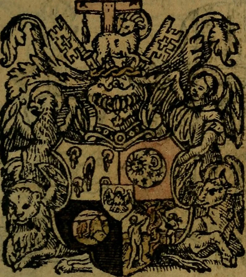 An illustration from Le jardin d'armoiries : contenant les armes de plusieurs nobles royaumes & maisons de Germanie Inferieure: oeuvre autant nouveau, que proufitable à tous amateurs du noble exercice d'armes. Den boomagert der wapenen, inhoudende wapenen van vele edele huysen van dese Nederlanden, en andere onliggende .., 1567, leaf 20