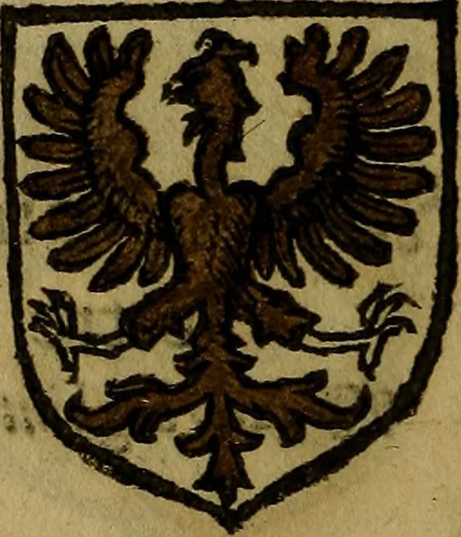 An illustration from Le jardin d'armoiries : contenant les armes de plusieurs nobles royaumes & maisons de Germanie Inferieure: oeuvre autant nouveau, que proufitable à tous amateurs du noble exercice d'armes. Den boomagert der wapenen, inhoudende wapenen van vele edele huysen van dese Nederlanden, en andere onliggende .., 1567, leaf 203