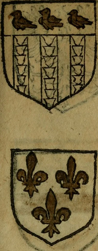 An illustration from Le jardin d'armoiries : contenant les armes de plusieurs nobles royaumes & maisons de Germanie Inferieure: oeuvre autant nouveau, que proufitable à tous amateurs du noble exercice d'armes. Den boomagert der wapenen, inhoudende wapenen van vele edele huysen van dese Nederlanden, en andere onliggende .., 1567, leaf 204