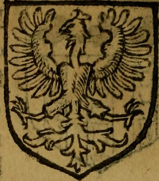 An illustration from Le jardin d'armoiries : contenant les armes de plusieurs nobles royaumes & maisons de Germanie Inferieure: oeuvre autant nouveau, que proufitable à tous amateurs du noble exercice d'armes. Den boomagert der wapenen, inhoudende wapenen van vele edele huysen van dese Nederlanden, en andere onliggende .., 1567, leaf 205