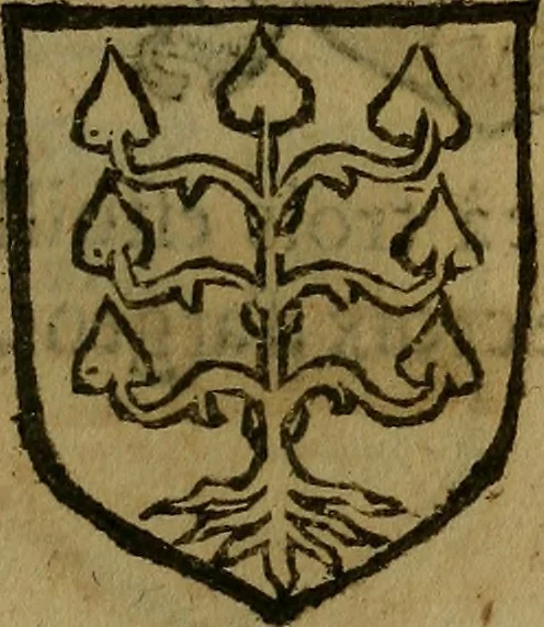 An illustration from Le jardin d'armoiries : contenant les armes de plusieurs nobles royaumes & maisons de Germanie Inferieure: oeuvre autant nouveau, que proufitable à tous amateurs du noble exercice d'armes. Den boomagert der wapenen, inhoudende wapenen van vele edele huysen van dese Nederlanden, en andere onliggende .., 1567, leaf 206