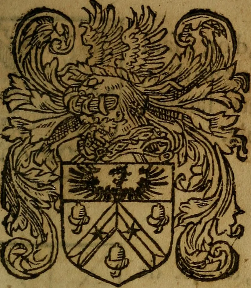 An illustration from Le jardin d'armoiries : contenant les armes de plusieurs nobles royaumes & maisons de Germanie Inferieure: oeuvre autant nouveau, que proufitable à tous amateurs du noble exercice d'armes. Den boomagert der wapenen, inhoudende wapenen van vele edele huysen van dese Nederlanden, en andere onliggende .., 1567, leaf 210