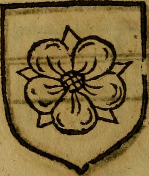 An illustration from Le jardin d'armoiries : contenant les armes de plusieurs nobles royaumes & maisons de Germanie Inferieure: oeuvre autant nouveau, que proufitable à tous amateurs du noble exercice d'armes. Den boomagert der wapenen, inhoudende wapenen van vele edele huysen van dese Nederlanden, en andere onliggende .., 1567, leaf 215