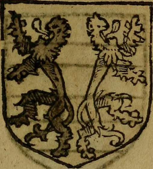 An illustration from Le jardin d'armoiries : contenant les armes de plusieurs nobles royaumes & maisons de Germanie Inferieure: oeuvre autant nouveau, que proufitable à tous amateurs du noble exercice d'armes. Den boomagert der wapenen, inhoudende wapenen van vele edele huysen van dese Nederlanden, en andere onliggende .., 1567, leaf 216