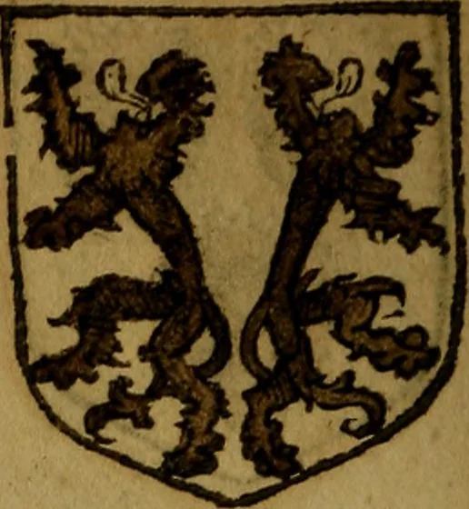 An illustration from Le jardin d'armoiries : contenant les armes de plusieurs nobles royaumes & maisons de Germanie Inferieure: oeuvre autant nouveau, que proufitable à tous amateurs du noble exercice d'armes. Den boomagert der wapenen, inhoudende wapenen van vele edele huysen van dese Nederlanden, en andere onliggende .., 1567, leaf 217