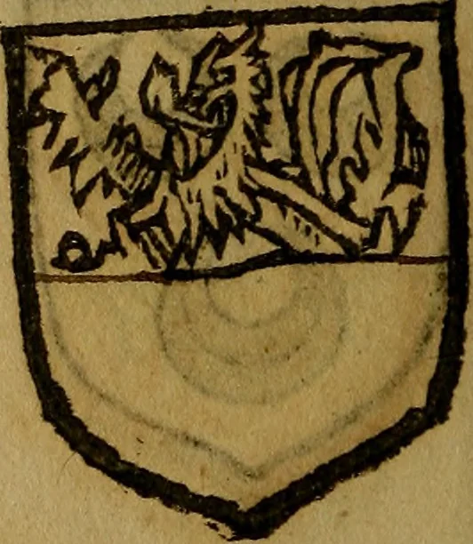 An illustration from Le jardin d'armoiries : contenant les armes de plusieurs nobles royaumes & maisons de Germanie Inferieure: oeuvre autant nouveau, que proufitable à tous amateurs du noble exercice d'armes. Den boomagert der wapenen, inhoudende wapenen van vele edele huysen van dese Nederlanden, en andere onliggende .., 1567, leaf 217