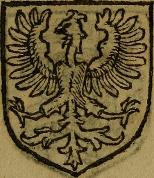 An illustration from Le jardin d'armoiries : contenant les armes de plusieurs nobles royaumes & maisons de Germanie Inferieure: oeuvre autant nouveau, que proufitable à tous amateurs du noble exercice d'armes. Den boomagert der wapenen, inhoudende wapenen van vele edele huysen van dese Nederlanden, en andere onliggende .., 1567, leaf 218