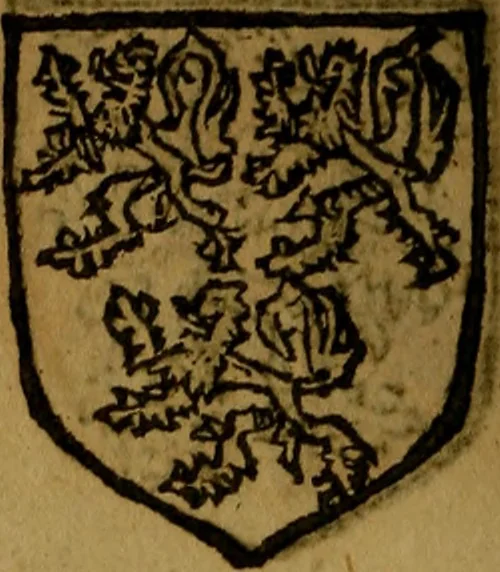 An illustration from Le jardin d'armoiries : contenant les armes de plusieurs nobles royaumes & maisons de Germanie Inferieure: oeuvre autant nouveau, que proufitable à tous amateurs du noble exercice d'armes. Den boomagert der wapenen, inhoudende wapenen van vele edele huysen van dese Nederlanden, en andere onliggende .., 1567, leaf 219