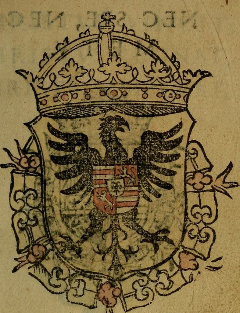 An illustration from Le jardin d'armoiries : contenant les armes de plusieurs nobles royaumes & maisons de Germanie Inferieure: oeuvre autant nouveau, que proufitable à tous amateurs du noble exercice d'armes. Den boomagert der wapenen, inhoudende wapenen van vele edele huysen van dese Nederlanden, en andere onliggende .., 1567, leaf 22
