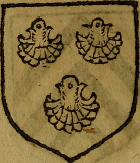 An illustration from Le jardin d'armoiries : contenant les armes de plusieurs nobles royaumes & maisons de Germanie Inferieure: oeuvre autant nouveau, que proufitable à tous amateurs du noble exercice d'armes. Den boomagert der wapenen, inhoudende wapenen van vele edele huysen van dese Nederlanden, en andere onliggende .., 1567, leaf 221