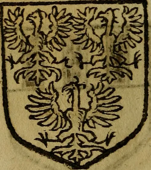 An illustration from Le jardin d'armoiries : contenant les armes de plusieurs nobles royaumes & maisons de Germanie Inferieure: oeuvre autant nouveau, que proufitable à tous amateurs du noble exercice d'armes. Den boomagert der wapenen, inhoudende wapenen van vele edele huysen van dese Nederlanden, en andere onliggende .., 1567, leaf 225