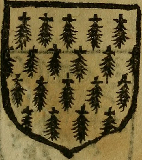 An illustration from Le jardin d'armoiries : contenant les armes de plusieurs nobles royaumes & maisons de Germanie Inferieure: oeuvre autant nouveau, que proufitable à tous amateurs du noble exercice d'armes. Den boomagert der wapenen, inhoudende wapenen van vele edele huysen van dese Nederlanden, en andere onliggende .., 1567, leaf 226