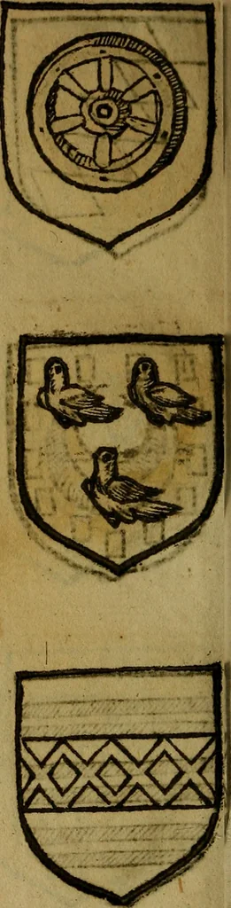 An illustration from Le jardin d'armoiries : contenant les armes de plusieurs nobles royaumes & maisons de Germanie Inferieure: oeuvre autant nouveau, que proufitable à tous amateurs du noble exercice d'armes. Den boomagert der wapenen, inhoudende wapenen van vele edele huysen van dese Nederlanden, en andere onliggende .., 1567, leaf 235