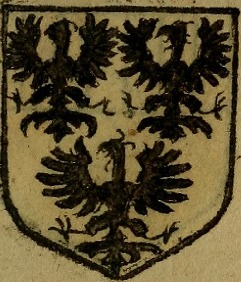 An illustration from Le jardin d'armoiries : contenant les armes de plusieurs nobles royaumes & maisons de Germanie Inferieure: oeuvre autant nouveau, que proufitable à tous amateurs du noble exercice d'armes. Den boomagert der wapenen, inhoudende wapenen van vele edele huysen van dese Nederlanden, en andere onliggende .., 1567, leaf 242