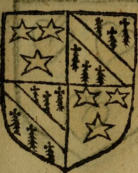 An illustration from Le jardin d'armoiries : contenant les armes de plusieurs nobles royaumes & maisons de Germanie Inferieure: oeuvre autant nouveau, que proufitable à tous amateurs du noble exercice d'armes. Den boomagert der wapenen, inhoudende wapenen van vele edele huysen van dese Nederlanden, en andere onliggende .., 1567, leaf 246