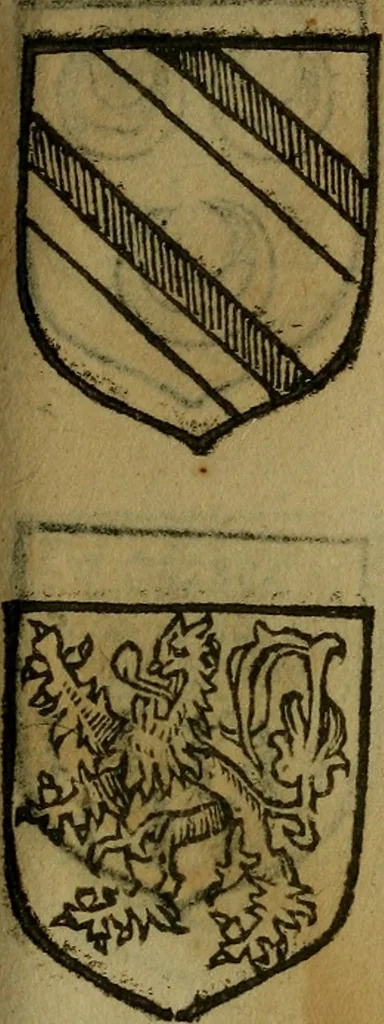 An illustration from Le jardin d'armoiries : contenant les armes de plusieurs nobles royaumes & maisons de Germanie Inferieure: oeuvre autant nouveau, que proufitable à tous amateurs du noble exercice d'armes. Den boomagert der wapenen, inhoudende wapenen van vele edele huysen van dese Nederlanden, en andere onliggende .., 1567, leaf 258