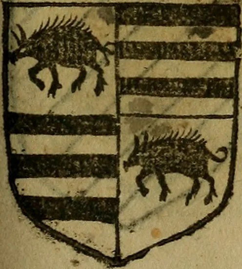 An illustration from Le jardin d'armoiries : contenant les armes de plusieurs nobles royaumes & maisons de Germanie Inferieure: oeuvre autant nouveau, que proufitable à tous amateurs du noble exercice d'armes. Den boomagert der wapenen, inhoudende wapenen van vele edele huysen van dese Nederlanden, en andere onliggende .., 1567, leaf 258