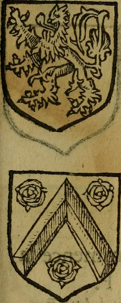 An illustration from Le jardin d'armoiries : contenant les armes de plusieurs nobles royaumes & maisons de Germanie Inferieure: oeuvre autant nouveau, que proufitable à tous amateurs du noble exercice d'armes. Den boomagert der wapenen, inhoudende wapenen van vele edele huysen van dese Nederlanden, en andere onliggende .., 1567, leaf 260