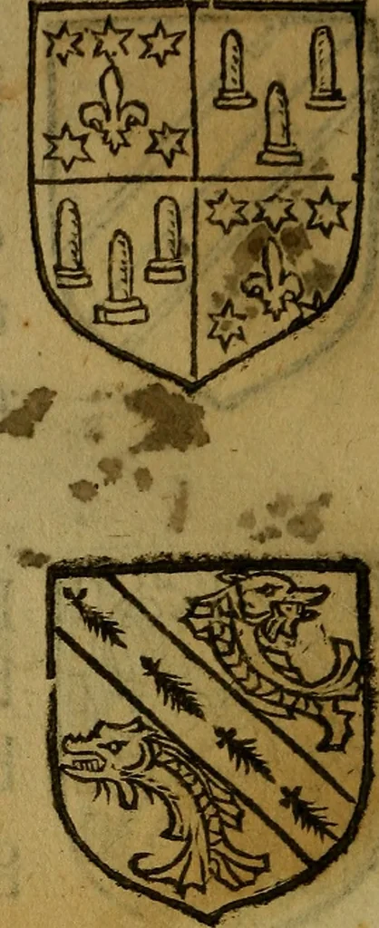 An illustration from Le jardin d'armoiries : contenant les armes de plusieurs nobles royaumes & maisons de Germanie Inferieure: oeuvre autant nouveau, que proufitable à tous amateurs du noble exercice d'armes. Den boomagert der wapenen, inhoudende wapenen van vele edele huysen van dese Nederlanden, en andere onliggende .., 1567, leaf 265