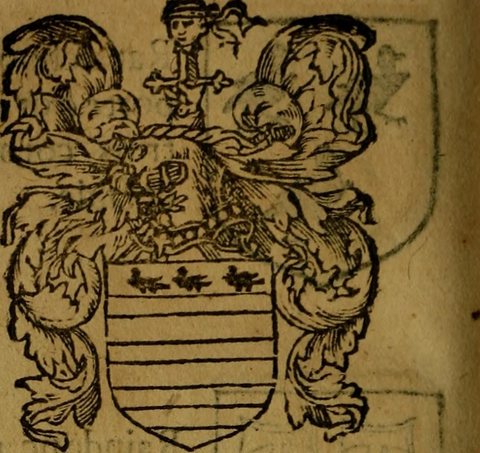 An illustration from Le jardin d'armoiries : contenant les armes de plusieurs nobles royaumes & maisons de Germanie Inferieure: oeuvre autant nouveau, que proufitable à tous amateurs du noble exercice d'armes. Den boomagert der wapenen, inhoudende wapenen van vele edele huysen van dese Nederlanden, en andere onliggende .., 1567, leaf 277