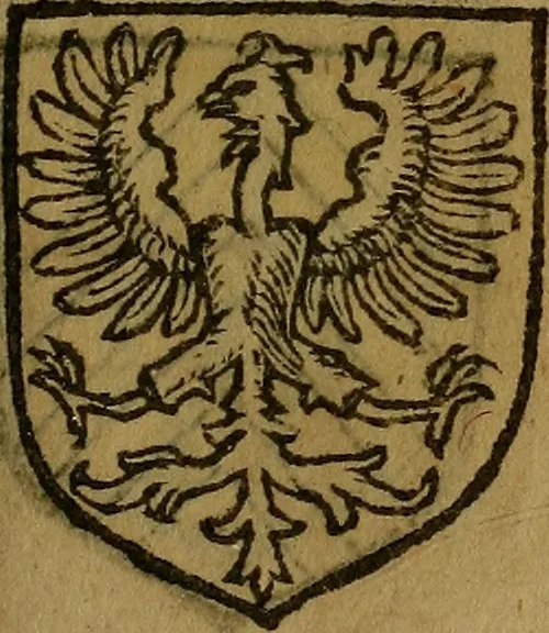 An illustration from Le jardin d'armoiries : contenant les armes de plusieurs nobles royaumes & maisons de Germanie Inferieure: oeuvre autant nouveau, que proufitable à tous amateurs du noble exercice d'armes. Den boomagert der wapenen, inhoudende wapenen van vele edele huysen van dese Nederlanden, en andere onliggende .., 1567, leaf 284