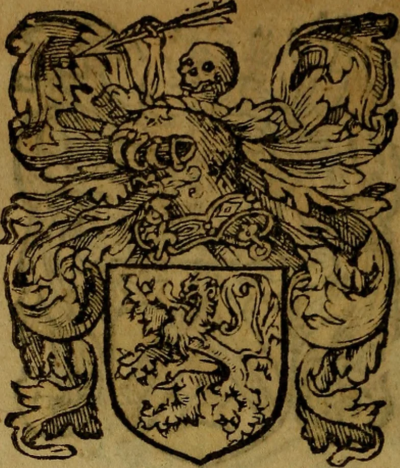 An illustration from Le jardin d'armoiries : contenant les armes de plusieurs nobles royaumes & maisons de Germanie Inferieure: oeuvre autant nouveau, que proufitable à tous amateurs du noble exercice d'armes. Den boomagert der wapenen, inhoudende wapenen van vele edele huysen van dese Nederlanden, en andere onliggende .., 1567, leaf 297