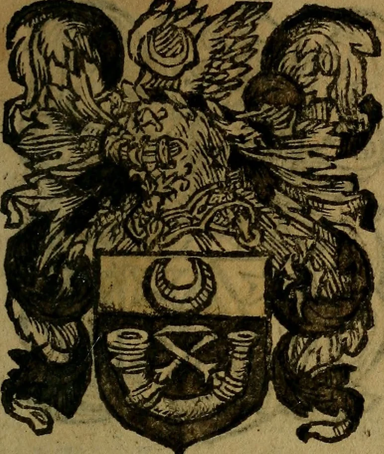 An illustration from Le jardin d'armoiries : contenant les armes de plusieurs nobles royaumes & maisons de Germanie Inferieure: oeuvre autant nouveau, que proufitable à tous amateurs du noble exercice d'armes. Den boomagert der wapenen, inhoudende wapenen van vele edele huysen van dese Nederlanden, en andere onliggende .., 1567, leaf 300
