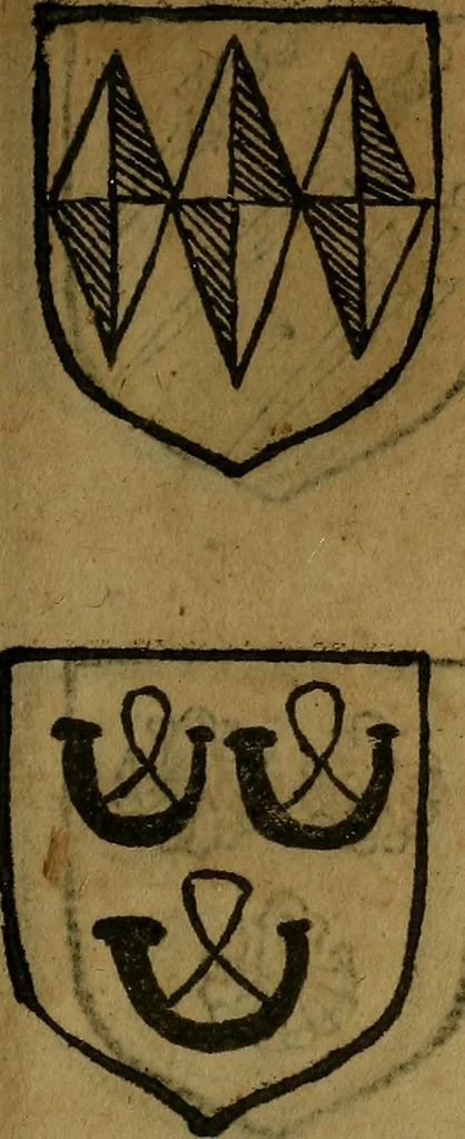 An illustration from Le jardin d'armoiries : contenant les armes de plusieurs nobles royaumes & maisons de Germanie Inferieure: oeuvre autant nouveau, que proufitable à tous amateurs du noble exercice d'armes. Den boomagert der wapenen, inhoudende wapenen van vele edele huysen van dese Nederlanden, en andere onliggende .., 1567, leaf 302