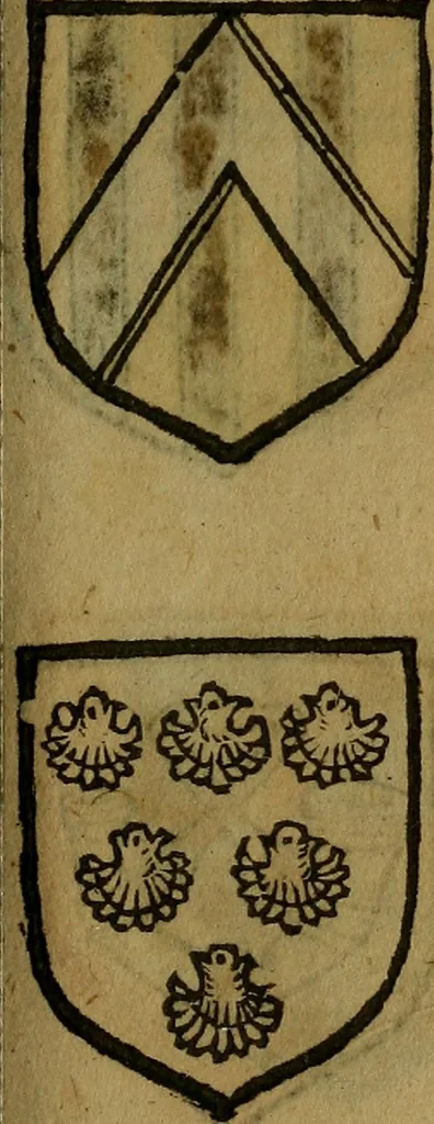 An illustration from Le jardin d'armoiries : contenant les armes de plusieurs nobles royaumes & maisons de Germanie Inferieure: oeuvre autant nouveau, que proufitable à tous amateurs du noble exercice d'armes. Den boomagert der wapenen, inhoudende wapenen van vele edele huysen van dese Nederlanden, en andere onliggende .., 1567, leaf 306