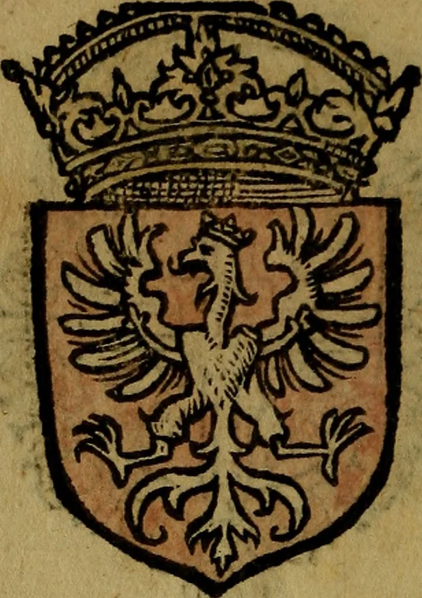 An illustration from Le jardin d'armoiries : contenant les armes de plusieurs nobles royaumes & maisons de Germanie Inferieure: oeuvre autant nouveau, que proufitable à tous amateurs du noble exercice d'armes. Den boomagert der wapenen, inhoudende wapenen van vele edele huysen van dese Nederlanden, en andere onliggende .., 1567, leaf 31