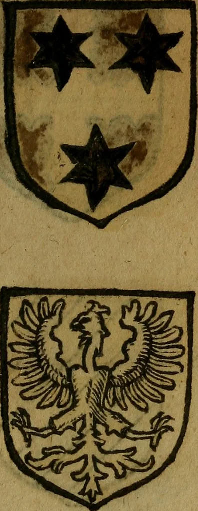 An illustration from Le jardin d'armoiries : contenant les armes de plusieurs nobles royaumes & maisons de Germanie Inferieure: oeuvre autant nouveau, que proufitable à tous amateurs du noble exercice d'armes. Den boomagert der wapenen, inhoudende wapenen van vele edele huysen van dese Nederlanden, en andere onliggende .., 1567, leaf 310
