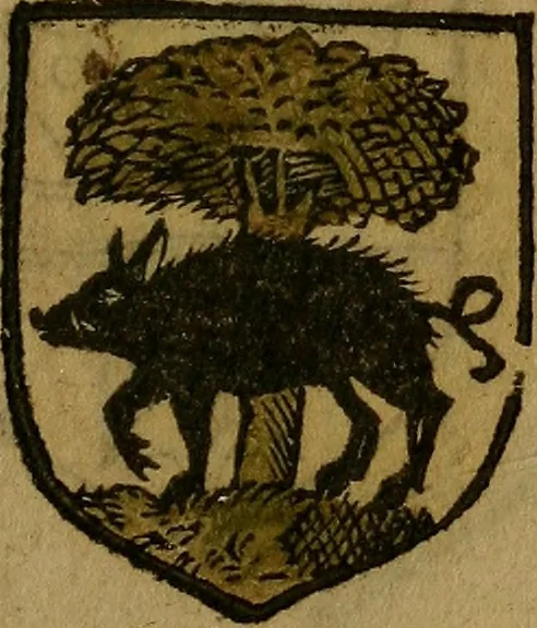 An illustration from Le jardin d'armoiries : contenant les armes de plusieurs nobles royaumes & maisons de Germanie Inferieure: oeuvre autant nouveau, que proufitable à tous amateurs du noble exercice d'armes. Den boomagert der wapenen, inhoudende wapenen van vele edele huysen van dese Nederlanden, en andere onliggende .., 1567, leaf 310