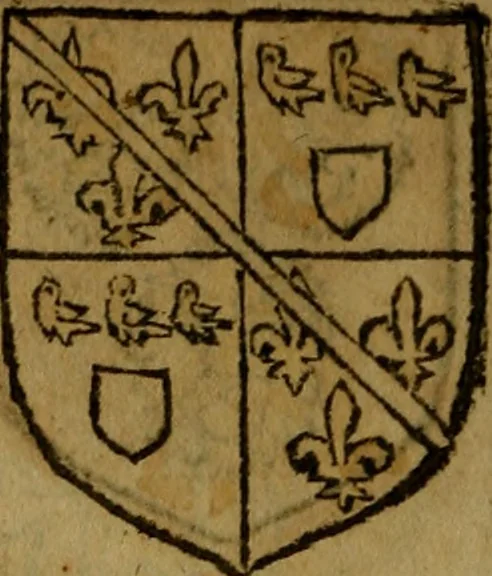 An illustration from Le jardin d'armoiries : contenant les armes de plusieurs nobles royaumes & maisons de Germanie Inferieure: oeuvre autant nouveau, que proufitable à tous amateurs du noble exercice d'armes. Den boomagert der wapenen, inhoudende wapenen van vele edele huysen van dese Nederlanden, en andere onliggende .., 1567, leaf 319