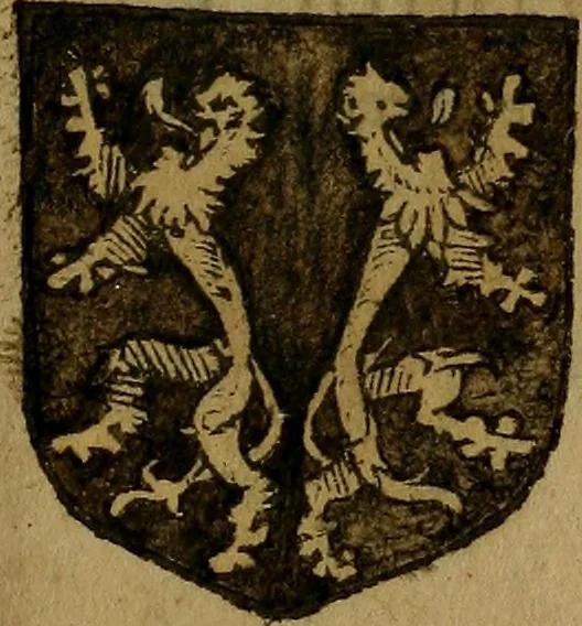 An illustration from Le jardin d'armoiries : contenant les armes de plusieurs nobles royaumes & maisons de Germanie Inferieure: oeuvre autant nouveau, que proufitable à tous amateurs du noble exercice d'armes. Den boomagert der wapenen, inhoudende wapenen van vele edele huysen van dese Nederlanden, en andere onliggende .., 1567, leaf 322