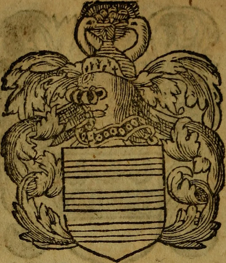 An illustration from Le jardin d'armoiries : contenant les armes de plusieurs nobles royaumes & maisons de Germanie Inferieure: oeuvre autant nouveau, que proufitable à tous amateurs du noble exercice d'armes. Den boomagert der wapenen, inhoudende wapenen van vele edele huysen van dese Nederlanden, en andere onliggende .., 1567, leaf 327