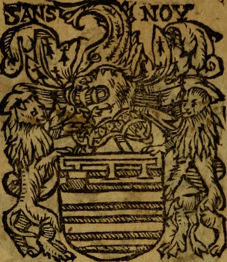 An illustration from Le jardin d'armoiries : contenant les armes de plusieurs nobles royaumes & maisons de Germanie Inferieure: oeuvre autant nouveau, que proufitable à tous amateurs du noble exercice d'armes. Den boomagert der wapenen, inhoudende wapenen van vele edele huysen van dese Nederlanden, en andere onliggende .., 1567, leaf 329