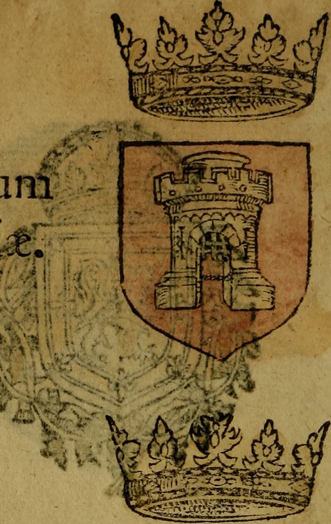 An illustration from Le jardin d'armoiries : contenant les armes de plusieurs nobles royaumes & maisons de Germanie Inferieure: oeuvre autant nouveau, que proufitable à tous amateurs du noble exercice d'armes. Den boomagert der wapenen, inhoudende wapenen van vele edele huysen van dese Nederlanden, en andere onliggende .., 1567, leaf 33
