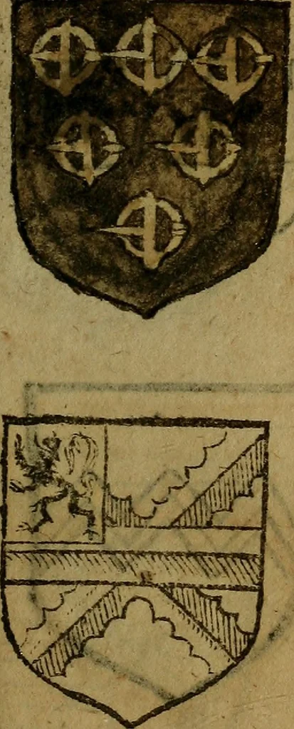 An illustration from Le jardin d'armoiries : contenant les armes de plusieurs nobles royaumes & maisons de Germanie Inferieure: oeuvre autant nouveau, que proufitable à tous amateurs du noble exercice d'armes. Den boomagert der wapenen, inhoudende wapenen van vele edele huysen van dese Nederlanden, en andere onliggende .., 1567, leaf 332