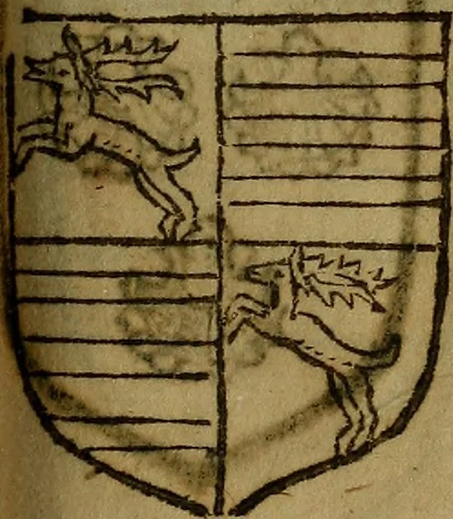 An illustration from Le jardin d'armoiries : contenant les armes de plusieurs nobles royaumes & maisons de Germanie Inferieure: oeuvre autant nouveau, que proufitable à tous amateurs du noble exercice d'armes. Den boomagert der wapenen, inhoudende wapenen van vele edele huysen van dese Nederlanden, en andere onliggende .., 1567, leaf 334