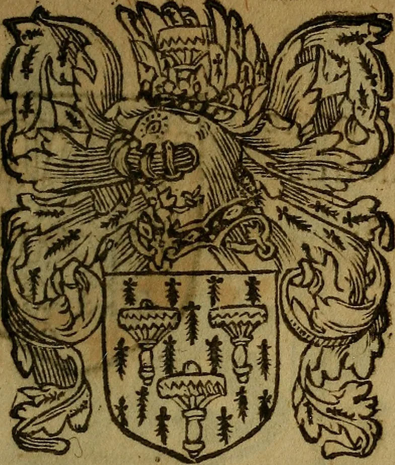 An illustration from Le jardin d'armoiries : contenant les armes de plusieurs nobles royaumes & maisons de Germanie Inferieure: oeuvre autant nouveau, que proufitable à tous amateurs du noble exercice d'armes. Den boomagert der wapenen, inhoudende wapenen van vele edele huysen van dese Nederlanden, en andere onliggende .., 1567, leaf 338