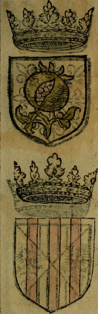 An illustration from Le jardin d'armoiries : contenant les armes de plusieurs nobles royaumes & maisons de Germanie Inferieure: oeuvre autant nouveau, que proufitable à tous amateurs du noble exercice d'armes. Den boomagert der wapenen, inhoudende wapenen van vele edele huysen van dese Nederlanden, en andere onliggende .., 1567, leaf 34