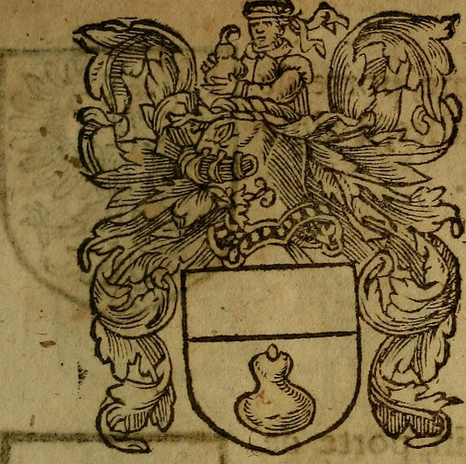 An illustration from Le jardin d'armoiries : contenant les armes de plusieurs nobles royaumes & maisons de Germanie Inferieure: oeuvre autant nouveau, que proufitable à tous amateurs du noble exercice d'armes. Den boomagert der wapenen, inhoudende wapenen van vele edele huysen van dese Nederlanden, en andere onliggende .., 1567, leaf 342