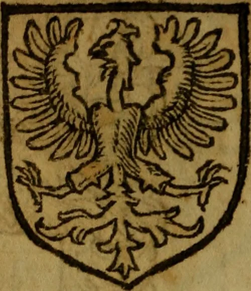An illustration from Le jardin d'armoiries : contenant les armes de plusieurs nobles royaumes & maisons de Germanie Inferieure: oeuvre autant nouveau, que proufitable à tous amateurs du noble exercice d'armes. Den boomagert der wapenen, inhoudende wapenen van vele edele huysen van dese Nederlanden, en andere onliggende .., 1567, leaf 343