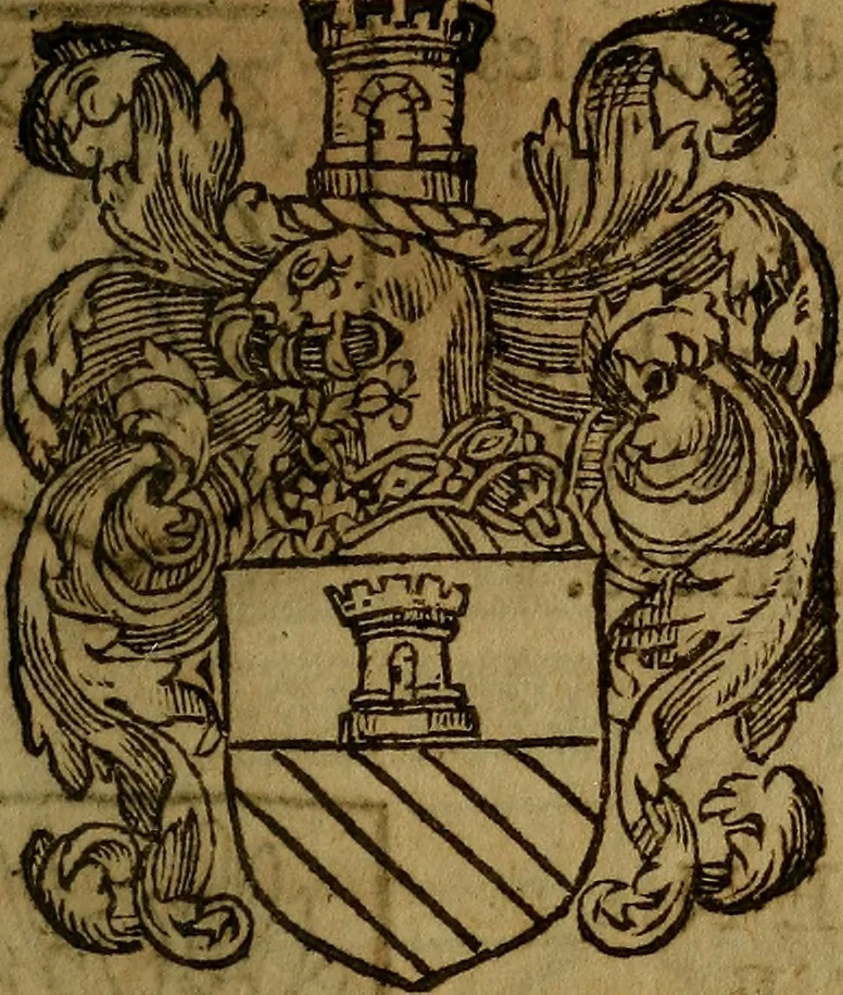 An illustration from Le jardin d'armoiries : contenant les armes de plusieurs nobles royaumes & maisons de Germanie Inferieure: oeuvre autant nouveau, que proufitable à tous amateurs du noble exercice d'armes. Den boomagert der wapenen, inhoudende wapenen van vele edele huysen van dese Nederlanden, en andere onliggende .., 1567, leaf 344