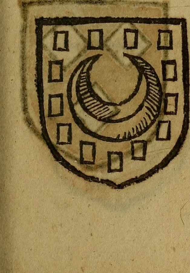 An illustration from Le jardin d'armoiries : contenant les armes de plusieurs nobles royaumes & maisons de Germanie Inferieure: oeuvre autant nouveau, que proufitable à tous amateurs du noble exercice d'armes. Den boomagert der wapenen, inhoudende wapenen van vele edele huysen van dese Nederlanden, en andere onliggende .., 1567, leaf 344