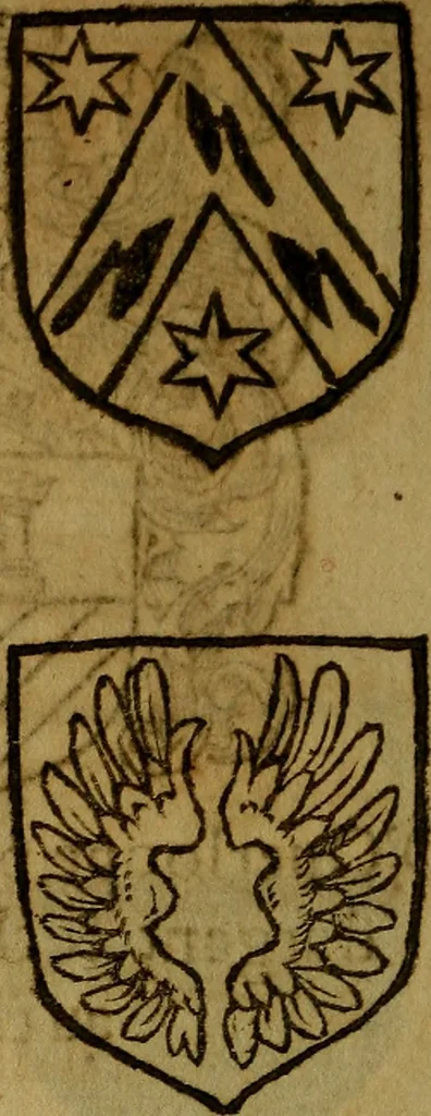 An illustration from Le jardin d'armoiries : contenant les armes de plusieurs nobles royaumes & maisons de Germanie Inferieure: oeuvre autant nouveau, que proufitable à tous amateurs du noble exercice d'armes. Den boomagert der wapenen, inhoudende wapenen van vele edele huysen van dese Nederlanden, en andere onliggende .., 1567, leaf 345