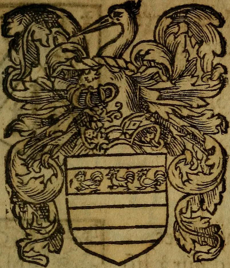 An illustration from Le jardin d'armoiries : contenant les armes de plusieurs nobles royaumes & maisons de Germanie Inferieure: oeuvre autant nouveau, que proufitable à tous amateurs du noble exercice d'armes. Den boomagert der wapenen, inhoudende wapenen van vele edele huysen van dese Nederlanden, en andere onliggende .., 1567, leaf 346