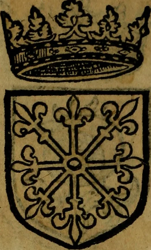 An illustration from Le jardin d'armoiries : contenant les armes de plusieurs nobles royaumes & maisons de Germanie Inferieure: oeuvre autant nouveau, que proufitable à tous amateurs du noble exercice d'armes. Den boomagert der wapenen, inhoudende wapenen van vele edele huysen van dese Nederlanden, en andere onliggende .., 1567, leaf 35