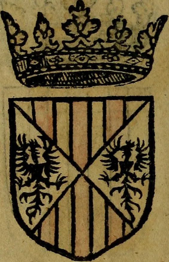 An illustration from Le jardin d'armoiries : contenant les armes de plusieurs nobles royaumes & maisons de Germanie Inferieure: oeuvre autant nouveau, que proufitable à tous amateurs du noble exercice d'armes. Den boomagert der wapenen, inhoudende wapenen van vele edele huysen van dese Nederlanden, en andere onliggende .., 1567, leaf 35