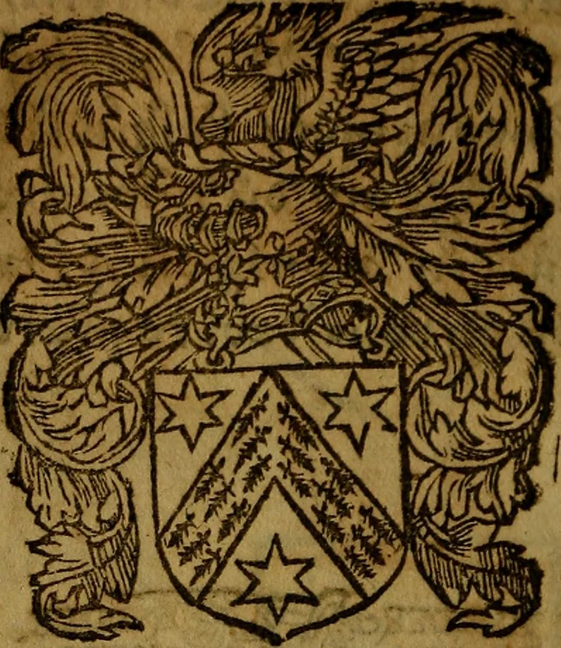 An illustration from Le jardin d'armoiries : contenant les armes de plusieurs nobles royaumes & maisons de Germanie Inferieure: oeuvre autant nouveau, que proufitable à tous amateurs du noble exercice d'armes. Den boomagert der wapenen, inhoudende wapenen van vele edele huysen van dese Nederlanden, en andere onliggende .., 1567, leaf 351